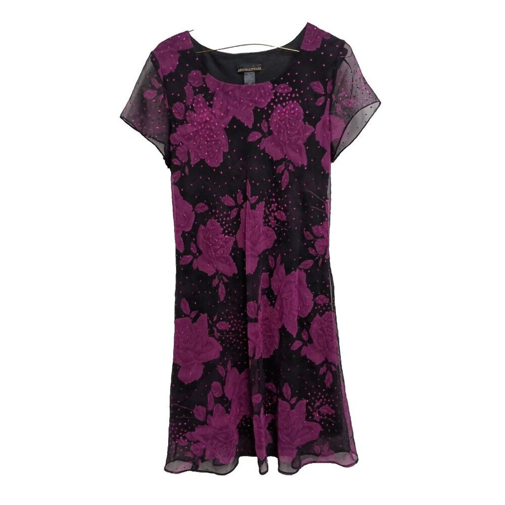 VTG 90s Social Circles Womens Dress Sz 10P Purple Floral Glittery Chiffon‎ Fairy